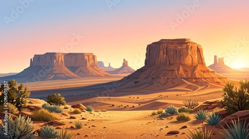 golden hour desert mesa landscape with dramatic sunrise lighting and arid vegetation