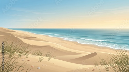 empty pristine sandy beach with coastal dunes and clear blue ocean under bright summer sky