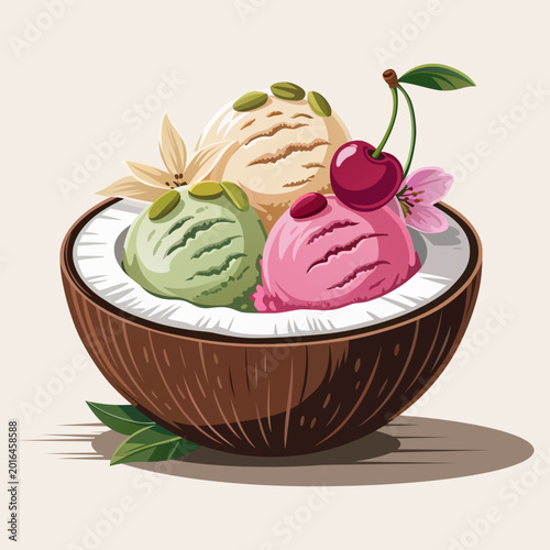 Coconut Bowl Ice Cream Scoops Vector Illustration