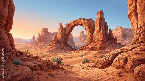 dramatic desert arch at sunrise with warm golden light and red rock formations