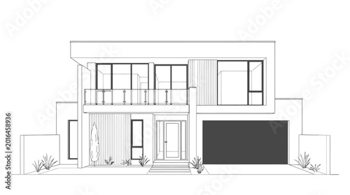 Front Elevation Architectural Drawing of a Modern Two-Story House with Garage and Balcony in Bright Studio