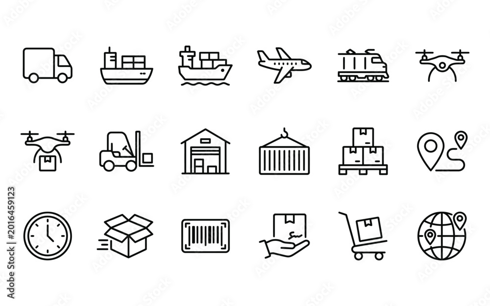 Fototapeta premium Set of logistics and delivery line icons