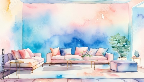 Watercolor abstract living room layout with pastel gradient walls