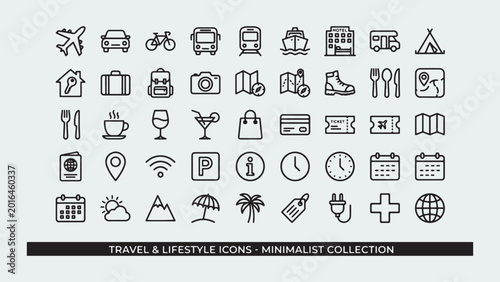 Set of travel and lifestyle icons with transportation food activities and symbols