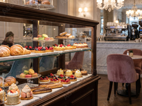 Luxury bakery display shelf with pastries