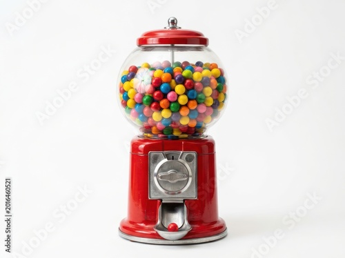 Classic red gumball machine filled with colorful candy on white background.