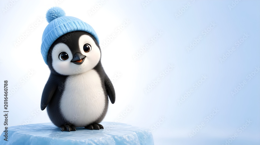 Obraz premium Cute cartoon baby penguin wearing a festive Christmas hat standing on cold Antarctica snow and ice illustration