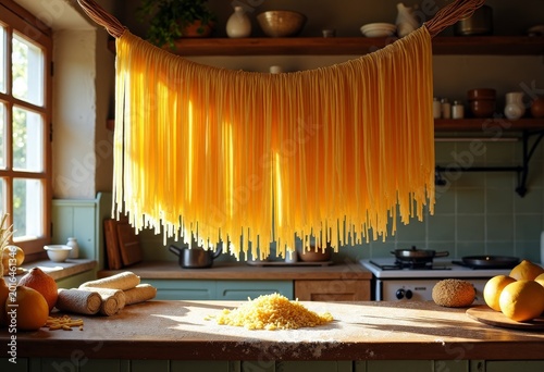 kitchen with homemade pasta drying, rustic textures, soft sunlight, Italian mood
