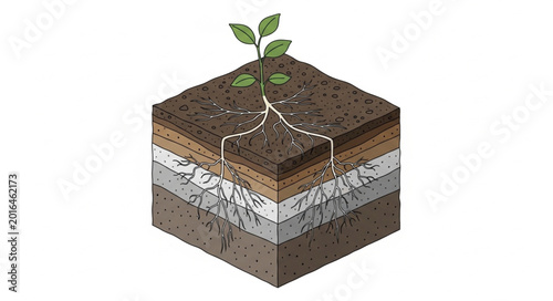 Bilde på lerret Cross section of soil showing plant roots and layers.
