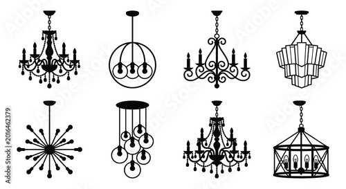 Canvas Print Collection of chandelier silhouettes on a white background silhouette