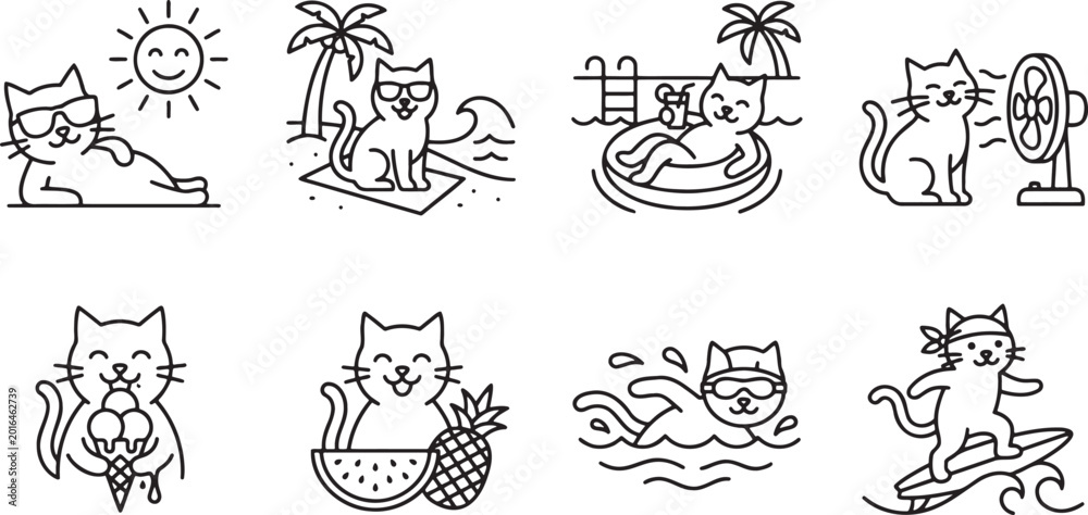 Fototapeta premium Cute cat characters enjoying summer vacation activities and beach life
