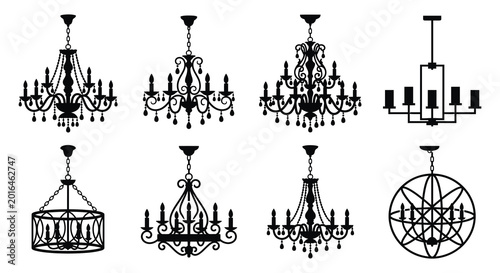 Collection of chandelier silhouettes on a white background