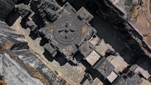Aerial view of the Kailasa Temple at Ellora Caves in Maharashtra, India. This ancient rock-cut temple, carved from a single monolithic structure, stands as a masterpiece of Indian architecture.