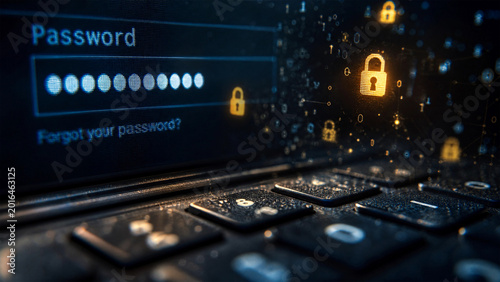 Obraz na plátně Digital security concept showing a password login screen with glowing locks and