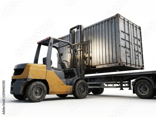 Forklift with shipping container.