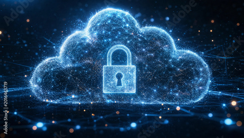 Secure digital padlock icon overlaying a glowing abstract digital cloud shape with interconnected data points