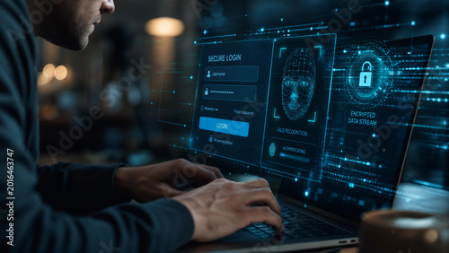 Fotografía Person using a laptop with secure login facial recognition and encrypted data st