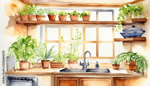 Watercolor cozy kitchen corner with open shelves and plants