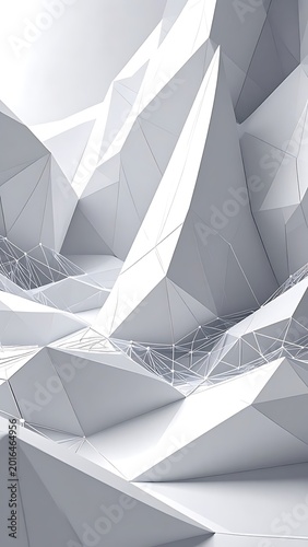 A low-poly abstract 3D geometric landscape with jagged peaks