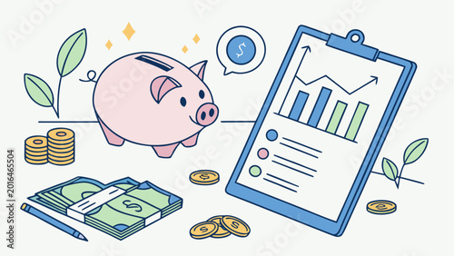 Foto Piggy bank sits next to a clipboard showing financial growth charts and stacks of paper currency