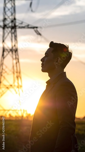 A man stands before a power line tower at sunset