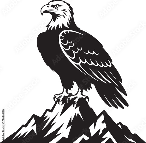 Bald Eagle Perched on Mountain Peak in Black and White white background