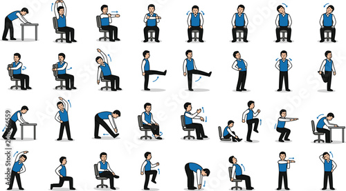 Office Stretching Exercises and Workplace Wellness Character Set Featuring Male Employee Doing Gymnastics at Desk for Health, Posture, and Physical Fitness