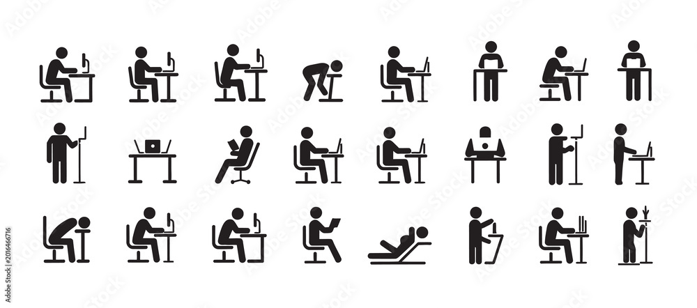 Fototapeta premium Set of office worker icons showing various daily work activities and professional tasks in a clean flat vector style for business communication design.