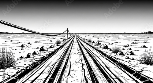 Foto Desolate Train Tracks Stretch Towards Horizon in Black and White.