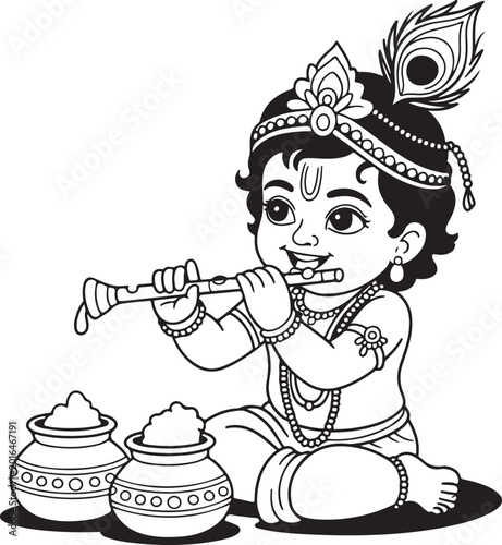 Krishna Playing Flute with Pots in Traditional Indian Outfit white background