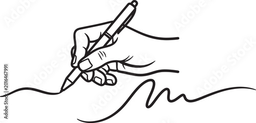 Black and white line of a hand holding a pen, a wavy line also transparent background, line hand