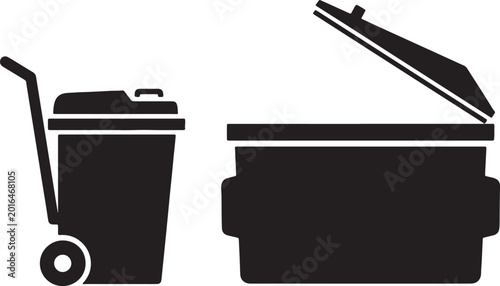 Black silhouette of wheeled trash bin and open dumpster also transparent background, waste container garbage