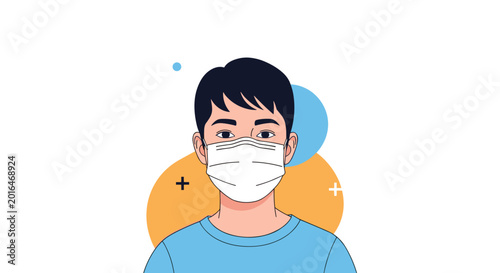 Portrait of a young man wearing a white medical face mask for protection against air pollution and viral infections like covid-19.