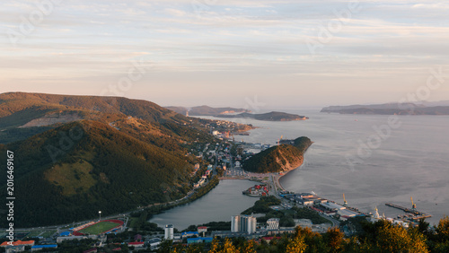 Canvas Print Panoramic aerial view of Petropavlovsk-Kamchatsky waterfront, hills and port at