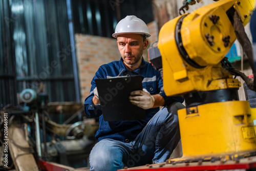 Man in hard hat checks clipboard near yellow robotic arm. Industrial workshop background with tools and machinery. Focus on worker inspecting equipment