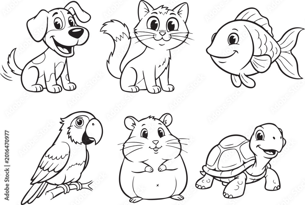 Obraz premium A cute cartoon vector set of funny dogs and happy zoo animals like a lion, tiger, and puppy character for a baby coloring book illustration