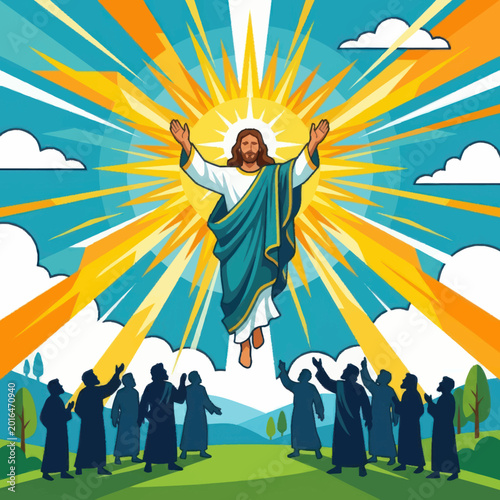 Photography Jesus Christ Ascending to Heaven with Disciples Watching.