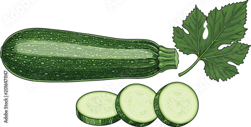 Hand Drawn Zucchini Vegetable with Slices and Leaf Illustration for Food, Cooking, and Healthy Eating Design Projects