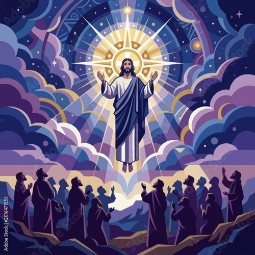 Tableau sur toile Jesus Christ Ascending to Heaven with Divine Light and Adoring Followers