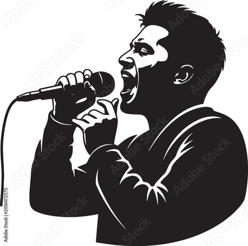 Canvas-taulu Black and white silhouette of a man passionately singing into a microphone, isol