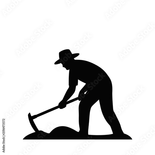 Cuadro en lienzo Farmer silhouette using hoe to till soil for agriculture gardening and organic f
