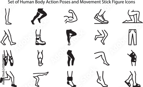 Set of Human Body Action Poses and Movement Stick Figure Icons