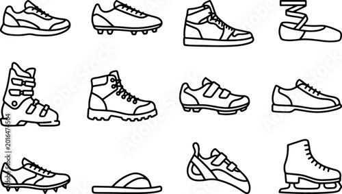 Foto Collection of diverse athletic footwear and shoes depicted as outline icons on a