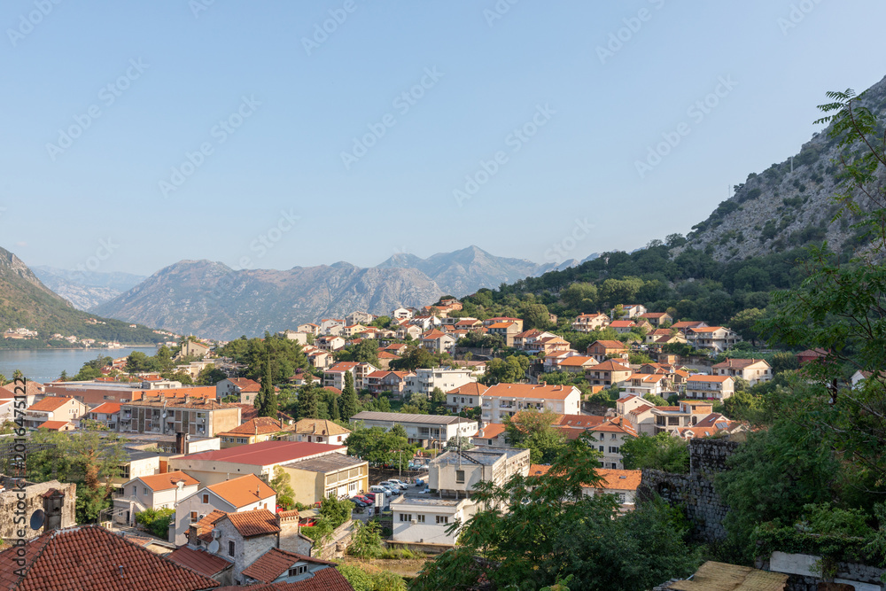 Fototapeta premium Wide panoramic view over Kotor with red tiled rooftops, green hills and rugged mountains above the Bay of Kotor, Montenegro, on a clear sunny day