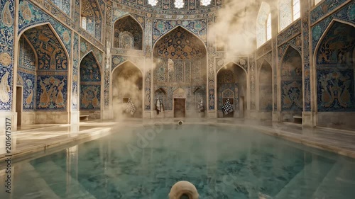 Ornate Traditional Hammam Interior with Steaming Pool - An opulent traditional hammam or bathhouse features a large steaming pool at its center, enveloped in a mystical mist.