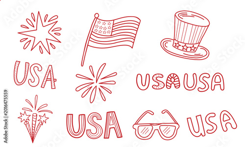 Fourth of july themed doodles and lettering on a white background