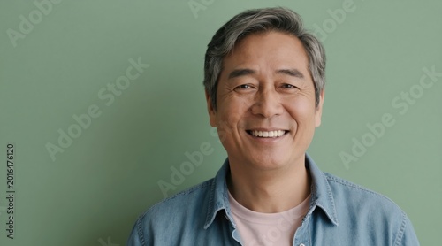 Middle aged Asian man smiles warmly showing healthy teeth. He wears denim shirt  conveys confidence and serenity. Background is plain green studio. Mature adult male face expresses joy and positivity.