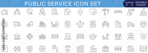 Cuadro en lienzo Public service line icon set featuring healthcare banking transport education sa