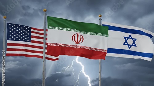 Geopolitical Tension: USA, Iran, Israel Flags Under Storm - The national flags of the United States, Iran, and Israel are prominently displayed, waving side by side on flagpoles.