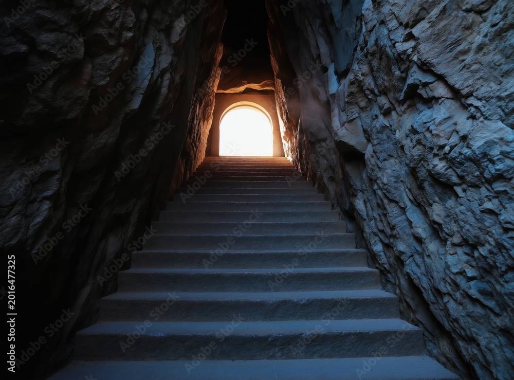 Obraz premium Stone stpic lead up through rock walls to a glowing arched doorway. This pathway represents progress, discovery and entering a new realm. Hope shines from the opening at the top.